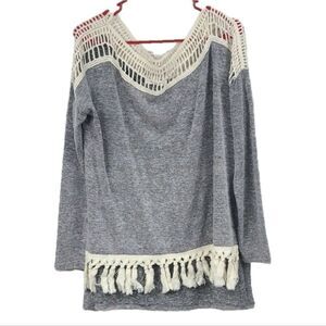 Entro Boat Neck Crochet Fringe Trim Long Sleeve High-Low Pullover Sweater